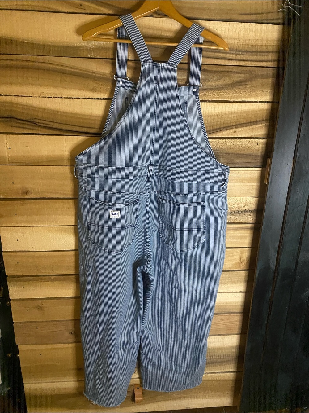 Lee Light Blue Hickory stripe Denim Overalls size XL raw hem inseam 27” - Picture 7 of 10